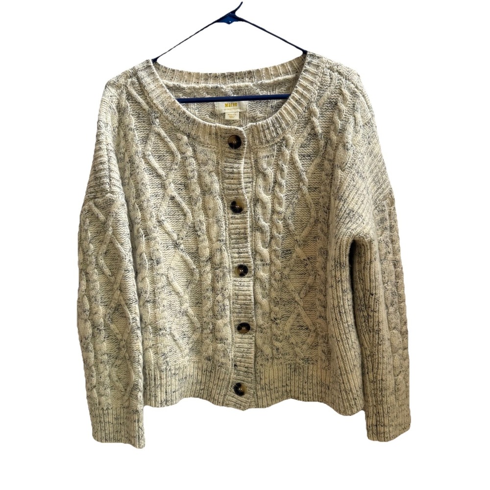 Maeve Anthropologie Cable Chunky Knit Button Up Cardigan Sweater Sz M Ivory‎
